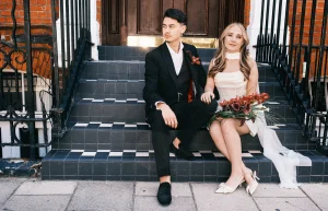Editorial portrait of the newlyweds on a street near the Marylebone registry office.