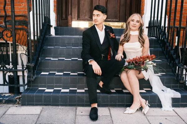 Old Marylebone Registry Photographer Editorial Street Editorial portrait of the newlyweds on a street near the Marylebone registry office.
